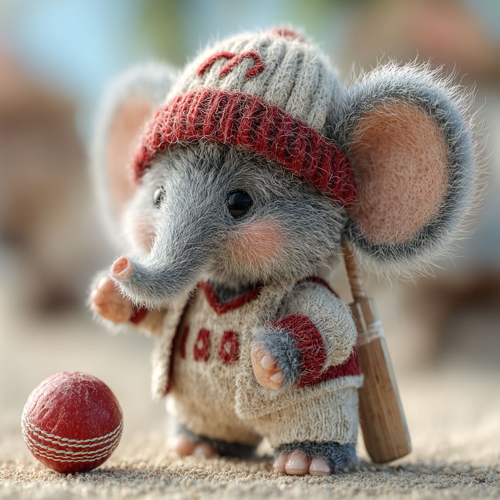 Cute AH444 elephant mascot in cricket uniform holding bat with red ball