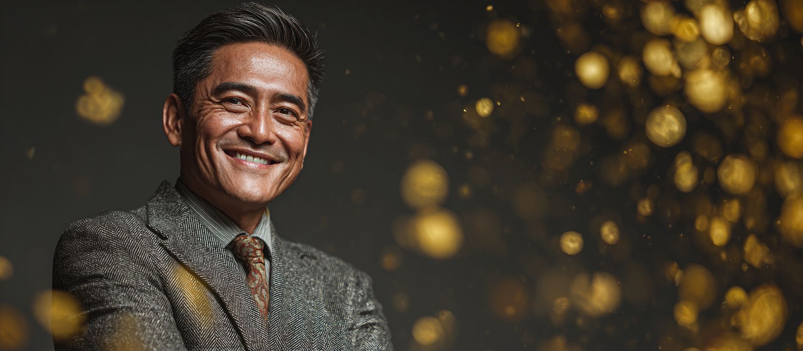 AH444 Login – Access Your Casino Account and Start Winning Smiling man in suit with golden lights background for AH444 casino login