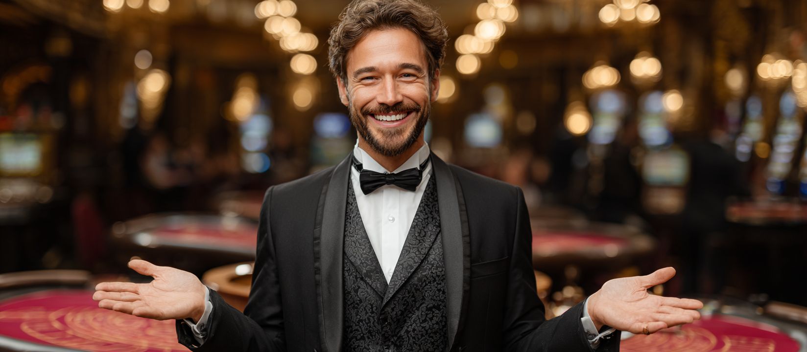 Smiling casino dealer inviting players to join AH444