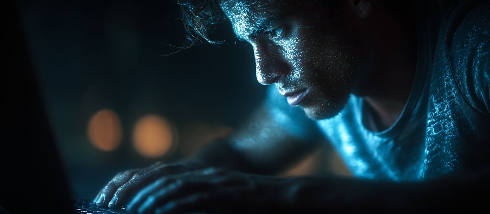 Focused man placing sports bets online in blue light – AH444 betting